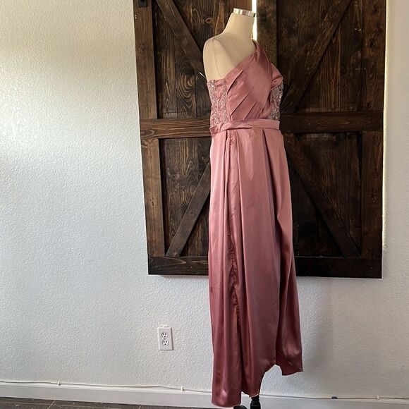 Satin One Shoulder Maxi embellished sequin gown weeding formal Dress large - Picture 5 of 14